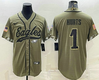 Men's Philadelphia Eagles #1 Jalen Hurts Olive 2022 Salute To Service Cool Base Stitched Baseball Jersey