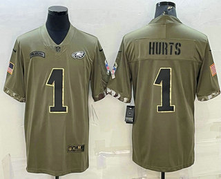 Men's Philadelphia Eagles #1 Jalen Hurts Olive 2022 Salute To Service Limited Stitched Jersey