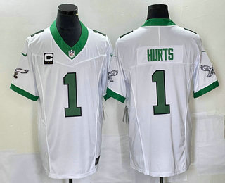 Men's Philadelphia Eagles #1 Jalen Hurts White C Patch 2023 FUSE Vapor Limited Throwback Stitched Jersey