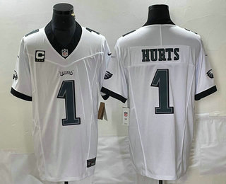 Men's Philadelphia Eagles #1 Jalen Hurts White C Patch 2023 FUSE Vapor Stitched Jersey