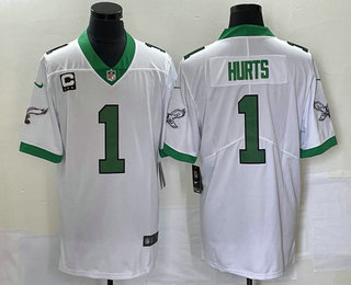 Men's Philadelphia Eagles #1 Jalen Hurts White C Patch 2023 Vapor Limited Throwback Jersey