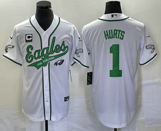 Men's Philadelphia Eagles #1 Jalen Hurts White C Patch Cool Base Stitched Baseball Jersey 01