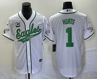 Men's Philadelphia Eagles #1 Jalen Hurts White C Patch Cool Base Stitched Baseball Jersey 02