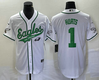 Men's Philadelphia Eagles #1 Jalen Hurts White Cool Base Stitched Baseball Jersey 01