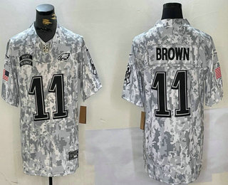 Men's Philadelphia Eagles #11 AJ Brown Arctic Camo 2024 FUSE Salute to Service Limited Stitched Jersey