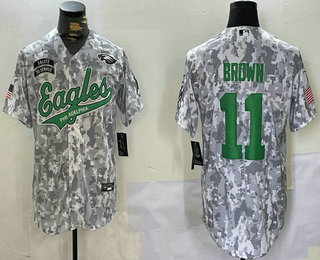 Men's Philadelphia Eagles #11 AJ Brown Arctic Camo 2024 Salute to Service Stitched Baseball Jersey