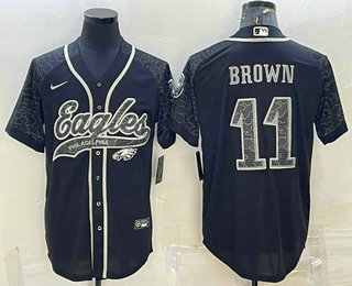 Men's Philadelphia Eagles #11 AJ Brown Black Reflective With Patch Cool Base Stitched Baseball Jersey