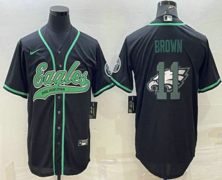 Men's Philadelphia Eagles #11 AJ Brown Black Team Big Logo With Patch Cool Base Stitched Baseball Jersey