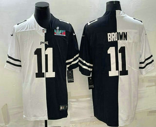 Men's Philadelphia Eagles #11 AJ Brown Black White Split Super Bowl LVII Patch Limited Stitched Jersey