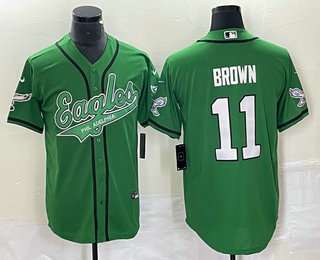 Men's Philadelphia Eagles #11 AJ Brown Green Cool Base Stitched Baseball Jersey