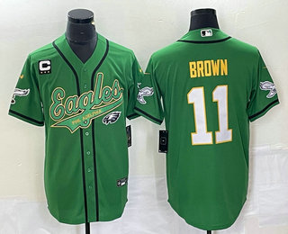 Men's Philadelphia Eagles #11 AJ Brown Green Gold C Patch Cool Base Stitched Baseball Jersey