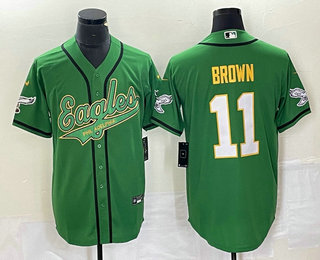 Men's Philadelphia Eagles #11 AJ Brown Green Gold Cool Base Stitched Baseball Jersey