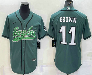 Men's Philadelphia Eagles #11 AJ Brown Green With Patch Cool Base Stitched Baseball Jersey