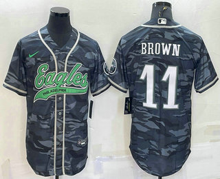 Men's Philadelphia Eagles #11 AJ Brown Grey Camo With Patch Cool Base Stitched Baseball Jersey