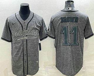 Men's Philadelphia Eagles #11 AJ Brown Grey Gridiron With Patch Cool Base Stitched Baseball Jersey