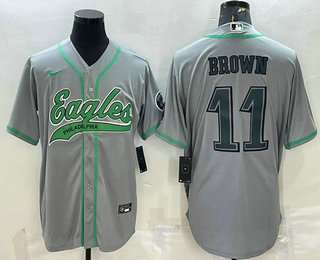 Men's Philadelphia Eagles #11 AJ Brown Grey With Patch Cool Base Stitched Baseball Jersey