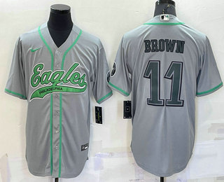 Men's Philadelphia Eagles #11 AJ Brown Grey With Patch Cool Base Stitched Baseball Jersey