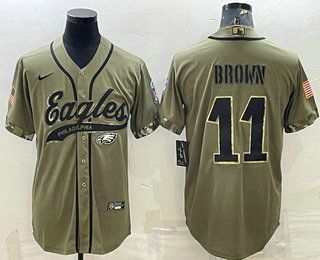 Men's Philadelphia Eagles #11 AJ Brown Olive 2022 Salute To Service Cool Base Stitched Baseball Jersey