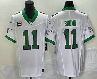 Men's Philadelphia Eagles #11 AJ Brown White C Patch 2023 FUSE Vapor Limited Throwback Stitched Jersey