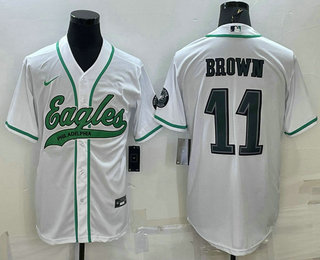 Men's Philadelphia Eagles #11 AJ Brown White With Patch Cool Base Stitched Baseball Jersey