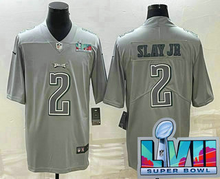 Men's Philadelphia Eagles #2 Darius Slay JR Gray Super Bowl LVII Patch Atmosphere Fashion Stitched Jersey