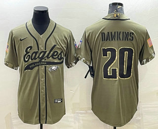 Men's Philadelphia Eagles #20 Brian Dawkins Olive 2022 Salute To Service Cool Base Stitched Baseball Jersey