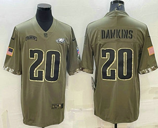 Men's Philadelphia Eagles #20 Brian Dawkins Olive 2022 Salute To Service Limited Stitched Jersey