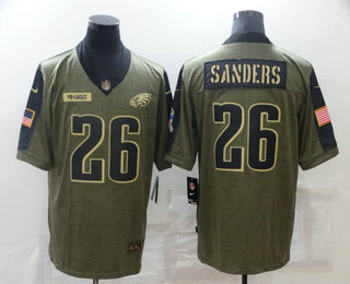 Men's Philadelphia Eagles #26 Miles Sanders 2021 Olive Salute To Service Limited Stitched Jersey