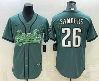 Men's Philadelphia Eagles #26 Miles Sanders Green With Patch Cool Base Stitched Baseball Jersey