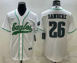 Men's Philadelphia Eagles #26 Miles Sanders White With Patch Cool Base Stitched Baseball Jersey