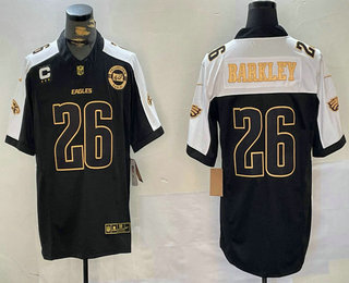 Men's Philadelphia Eagles #26 Saquon Barkley Black Gold C Patch Thanksgiving FUSE Vapor Limited Stitched Jersey