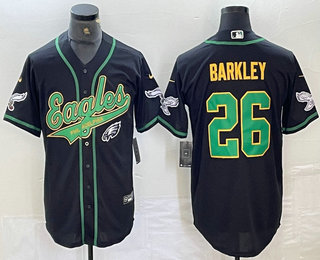 Men's Philadelphia Eagles #26 Saquon Barkley Black Gold Cool Base Baseball Stitched Jersey 01