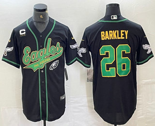 Men's Philadelphia Eagles #26 Saquon Barkley Black Gold With C Patch Cool Base Baseball Stitched Jersey 01