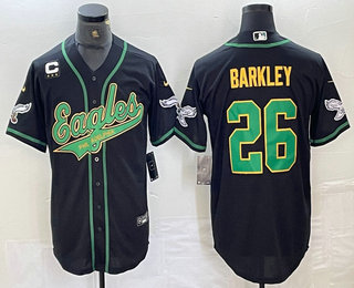 Men's Philadelphia Eagles #26 Saquon Barkley Black Gold With C Patch Cool Base Baseball Stitched Jersey 02