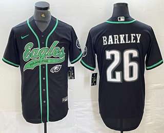 Men's Philadelphia Eagles #26 Saquon Barkley Black White Cool Base Baseball Stitched Jersey 02