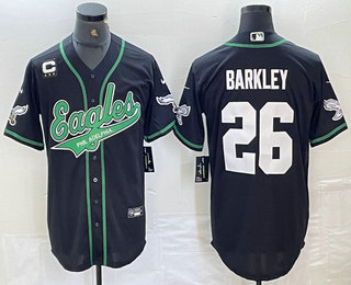 Men's Philadelphia Eagles #26 Saquon Barkley Black White With C Patch Cool Base Baseball Stitched Jersey 01