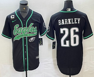 Men's Philadelphia Eagles #26 Saquon Barkley Black White With C Patch Cool Base Baseball Stitched Jersey 03