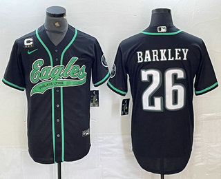 Men's Philadelphia Eagles #26 Saquon Barkley Black White With C Patch Cool Base Baseball Stitched Jersey 04