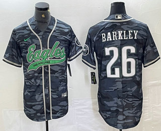 Men's Philadelphia Eagles #26 Saquon Barkley Gray Camo Cool Base Baseball Stitched Jersey 01