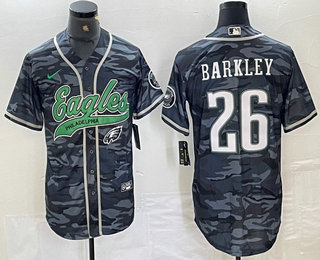 Men's Philadelphia Eagles #26 Saquon Barkley Gray Camo Cool Base Baseball Stitched Jersey 02