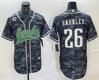 Men's Philadelphia Eagles #26 Saquon Barkley Gray Camo With C Patch Cool Base Baseball Stitched Jersey 01