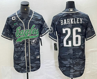 Men's Philadelphia Eagles #26 Saquon Barkley Gray Camo With C Patch Cool Base Baseball Stitched Jersey 02