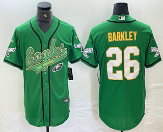 Men's Philadelphia Eagles #26 Saquon Barkley Green Gold Cool Base Baseball Stitched Jersey 01