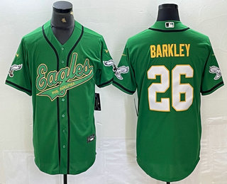 Men's Philadelphia Eagles #26 Saquon Barkley Green Gold Cool Base Baseball Stitched Jersey 02