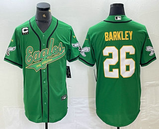 Men's Philadelphia Eagles #26 Saquon Barkley Green Gold With C Patch Cool Base Baseball Stitched Jersey 01