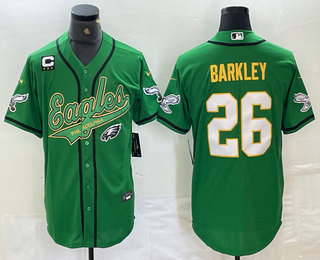 Men's Philadelphia Eagles #26 Saquon Barkley Green Gold With C Patch Cool Base Baseball Stitched Jersey 02