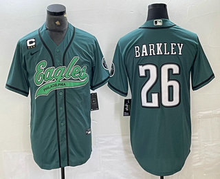 Men's Philadelphia Eagles #26 Saquon Barkley Green With C Patch Cool Base Baseball Stitched Jersey 01