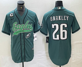 Men's Philadelphia Eagles #26 Saquon Barkley Green With C Patch Cool Base Baseball Stitched Jersey 02