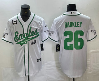 Men's Philadelphia Eagles #26 Saquon Barkley White With C Patch Cool Base Baseball Stitched Jersey 01