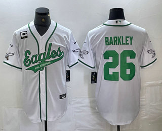 Men's Philadelphia Eagles #26 Saquon Barkley White With C Patch Cool Base Baseball Stitched Jersey 02